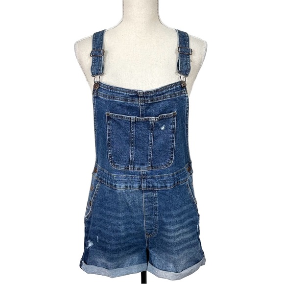 No Boundaries Distressed Blue Stretch Denim Bib Overalls Shortalls Size XL - Picture 1 of 14
